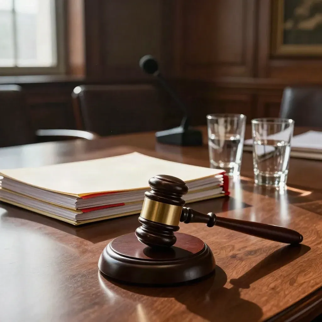 Gavel, stacked budget binders, and two water glasses on a committee room table.