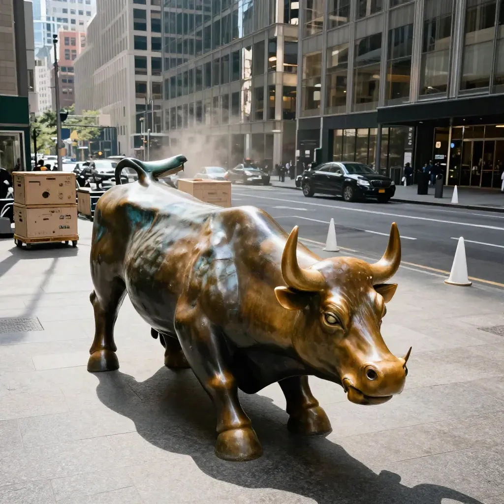 Bronze bull statue with crates and cones in a finance district plaza under sharp late-morning sun.