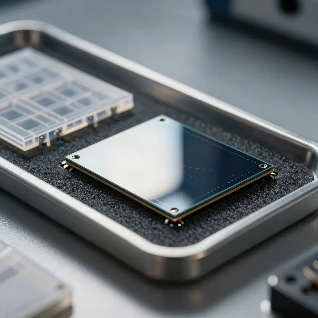 Silicon wafer and chip trays lit by a narrow diagonal beam in a cool industrial setting.