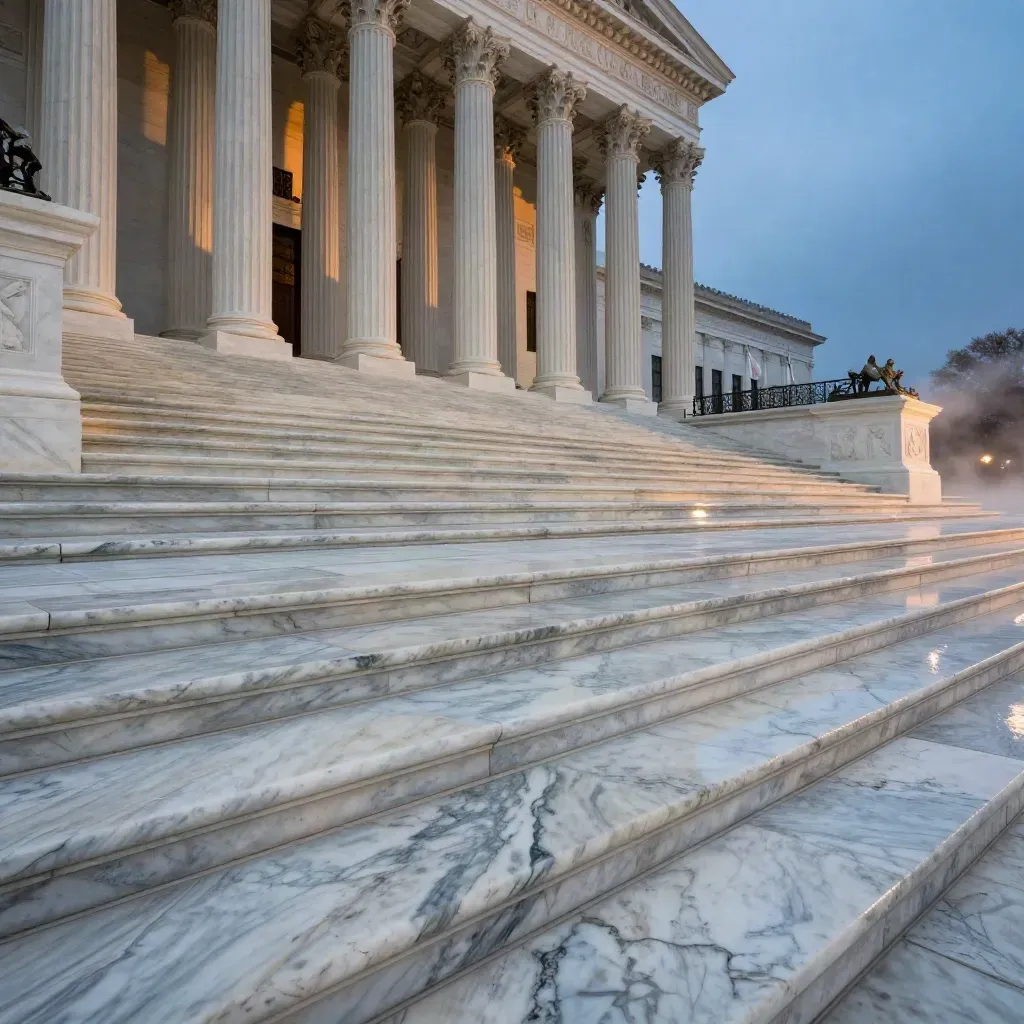 Low-angle Supreme Court facade with wet marble steps, flags, and mist at blue hour.