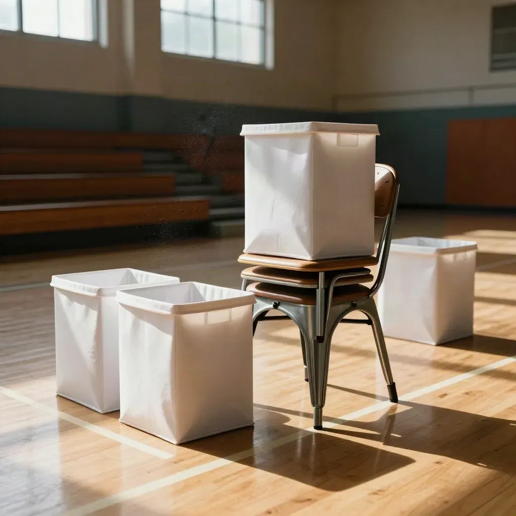 School gym with ballot bins, stacked chairs, and sunlit court markings before a tax vote