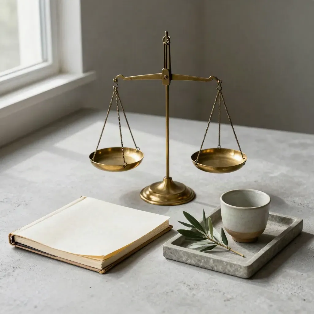 Brass balance scale with ledger notebook, ceramic cup, and olive branch on a stone tray in soft morning light.