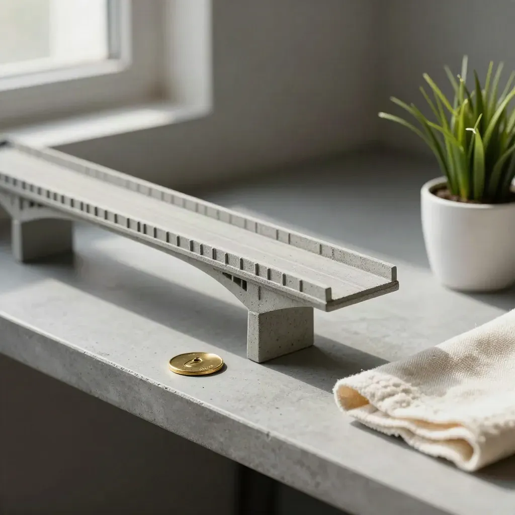 Mini concrete bridge model with brass token, cloth, and grass tuft on a neutral shelf