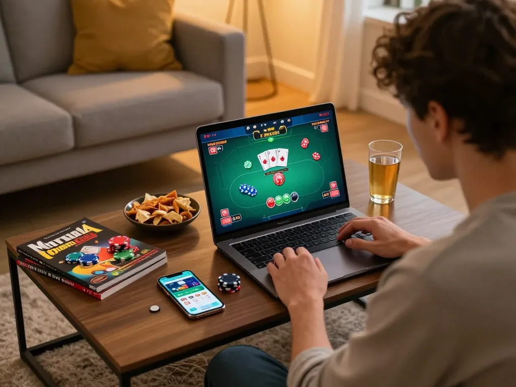 Person using the ManClub app for an engaging online poker game, highlighting gameplay strategy.