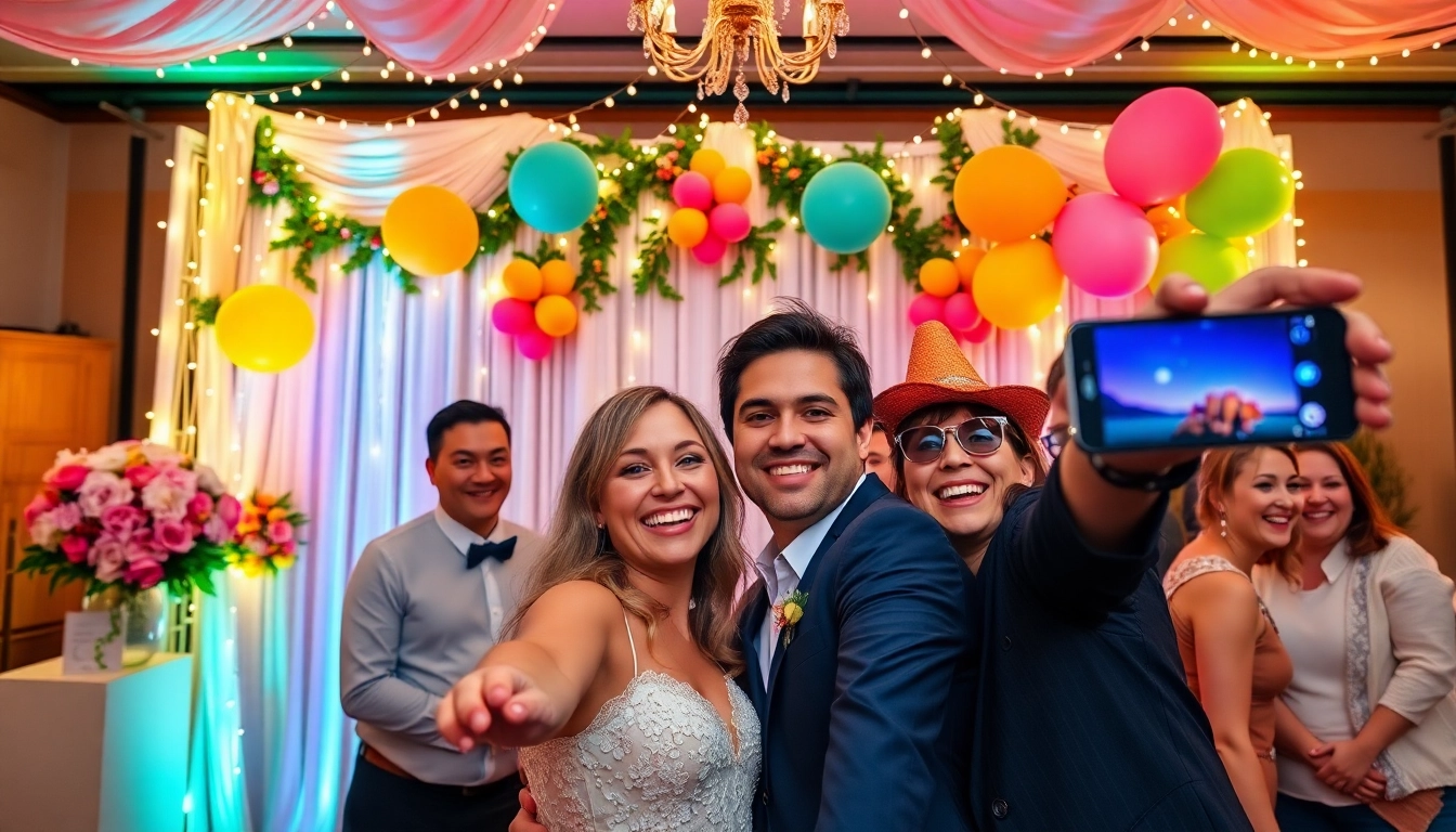 Captivating photo booth rental scene at a wedding, featuring joyful guests and colorful decorations.