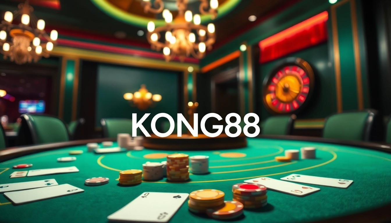 Players engaging in a professional poker game at KONG88 casino, showcasing excitement and strategy amidst vibrant colors.