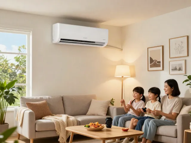 Comfortable living room featuring a 24000 btu mini split air conditioner, family enjoying movie night.