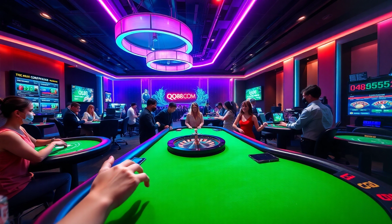 Exciting gaming atmosphere at QQ88 COM with players at a vibrant online casino.