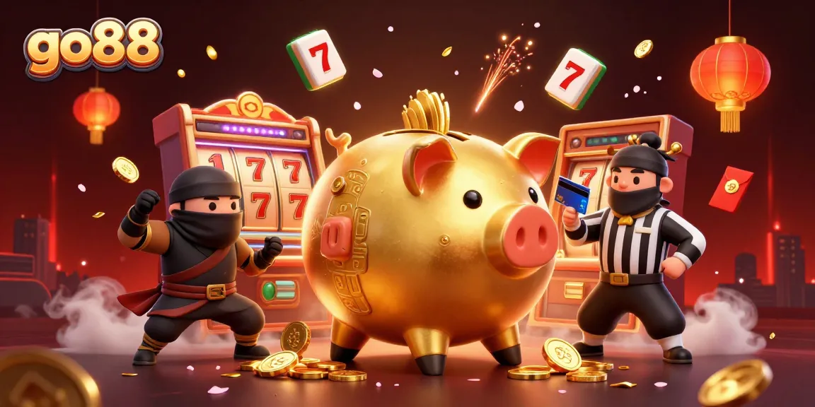 Engage in vibrant go88 gaming action with a dynamic illustration featuring a golden piggy bank sumo wrestler, a wallet-ninja, and a credit-card samurai in a lively casino setting.