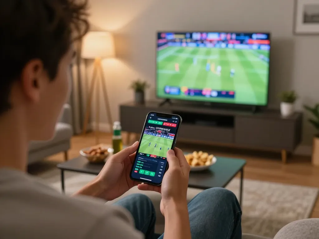 Fun88 mobile user engaged in live sports betting in a cozy living room setting