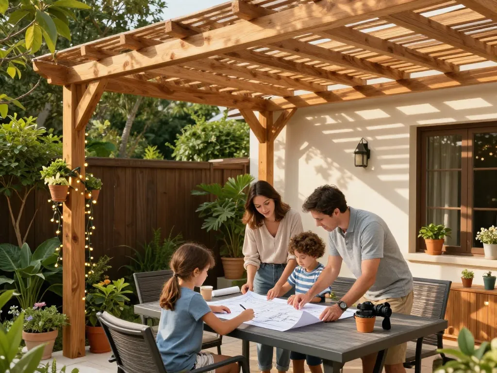 3D pergola configurator in use as family designs their ideal outdoor living space.