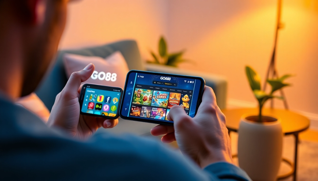 Tải GO88 on a smartphone in a cozy setting, featuring the vibrant user interface of the gaming app.