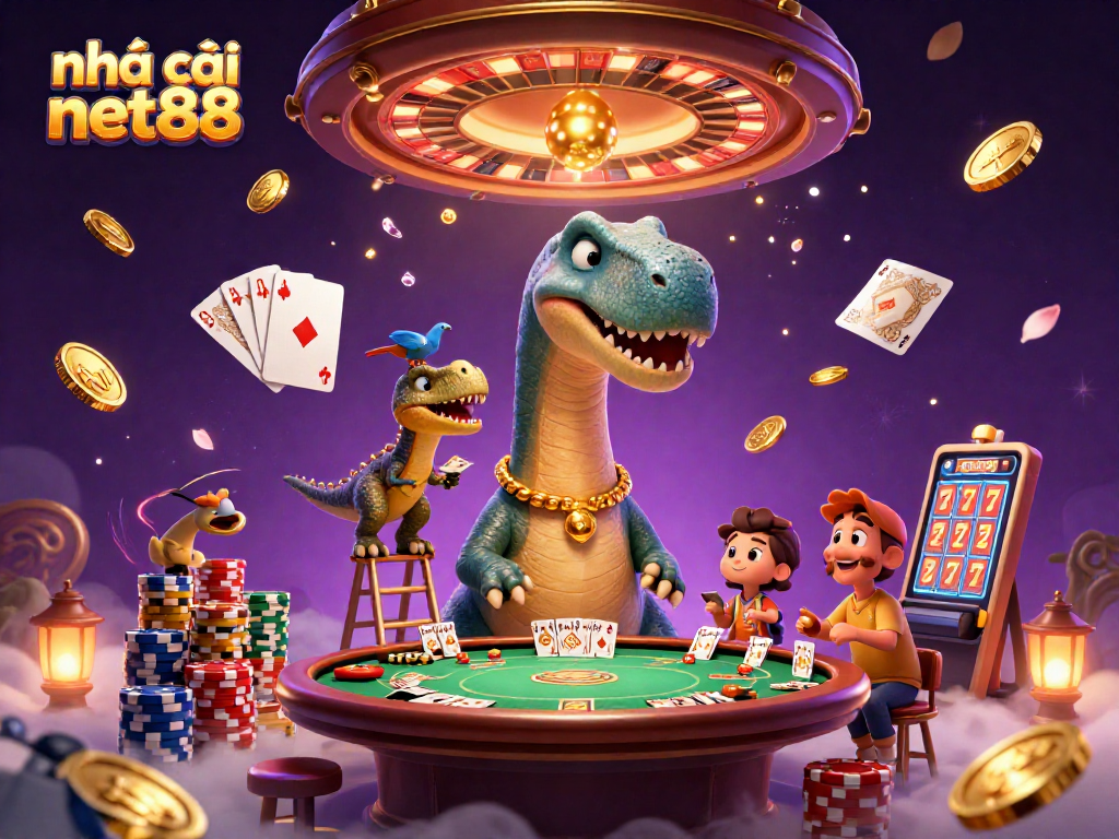 Engage with nhà cái net88 as a giant brontosaurus delights in a casino card game.
