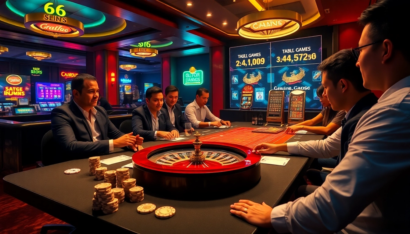 Exciting casino experience at https://68vip.one/ with players at a poker table, vibrant colors and luxury.