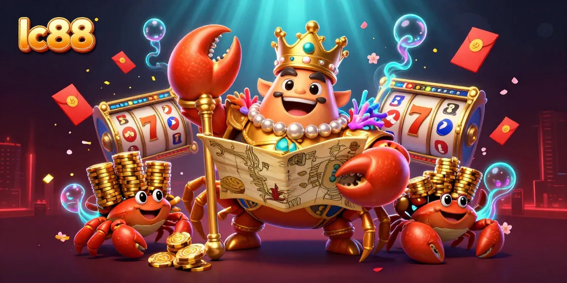 Experience the excitement of lc88 with a golden crab emperor and vibrant gambling elements in a rich, festive scene.
