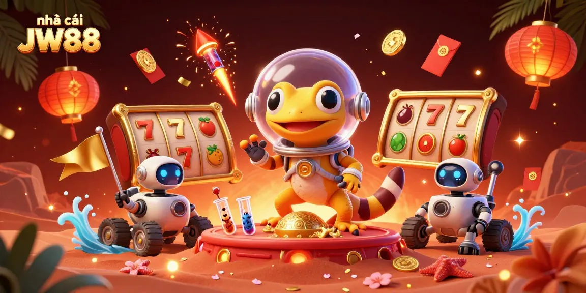 Engage with the vibrant universe of nhà cái JW88 featuring a whimsical Martian gecko discovering a golden casino.