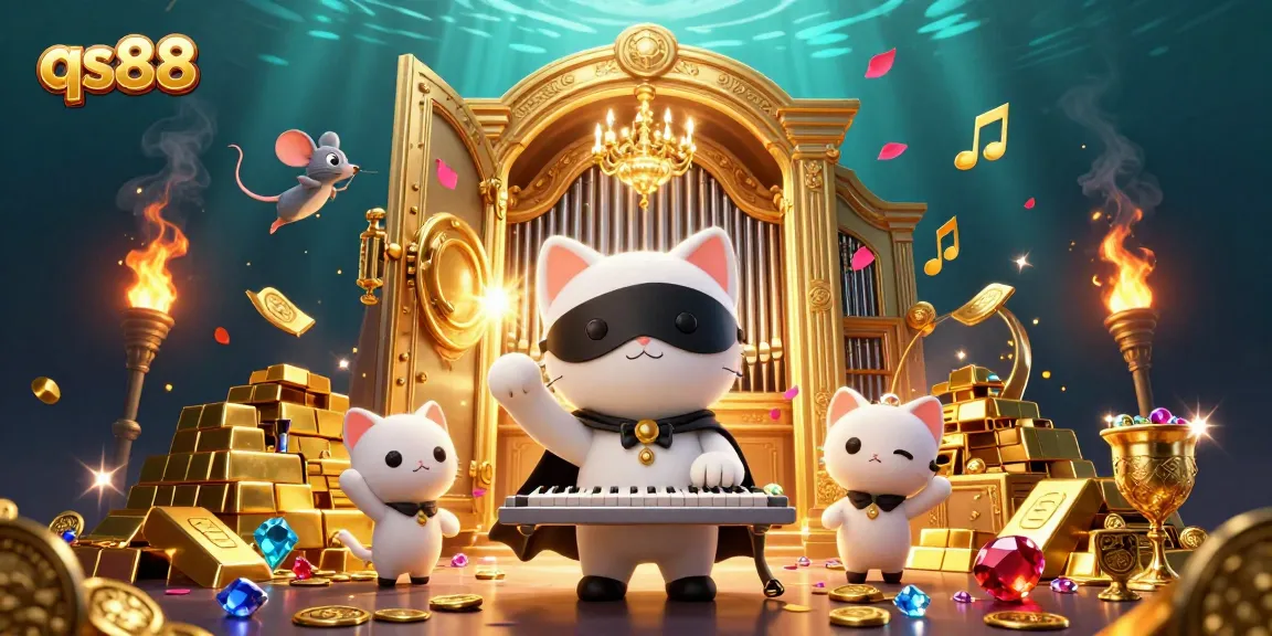 Experience qs88's magical casino scene with a phantom cat and mouse acrobat amid gems and treasures.