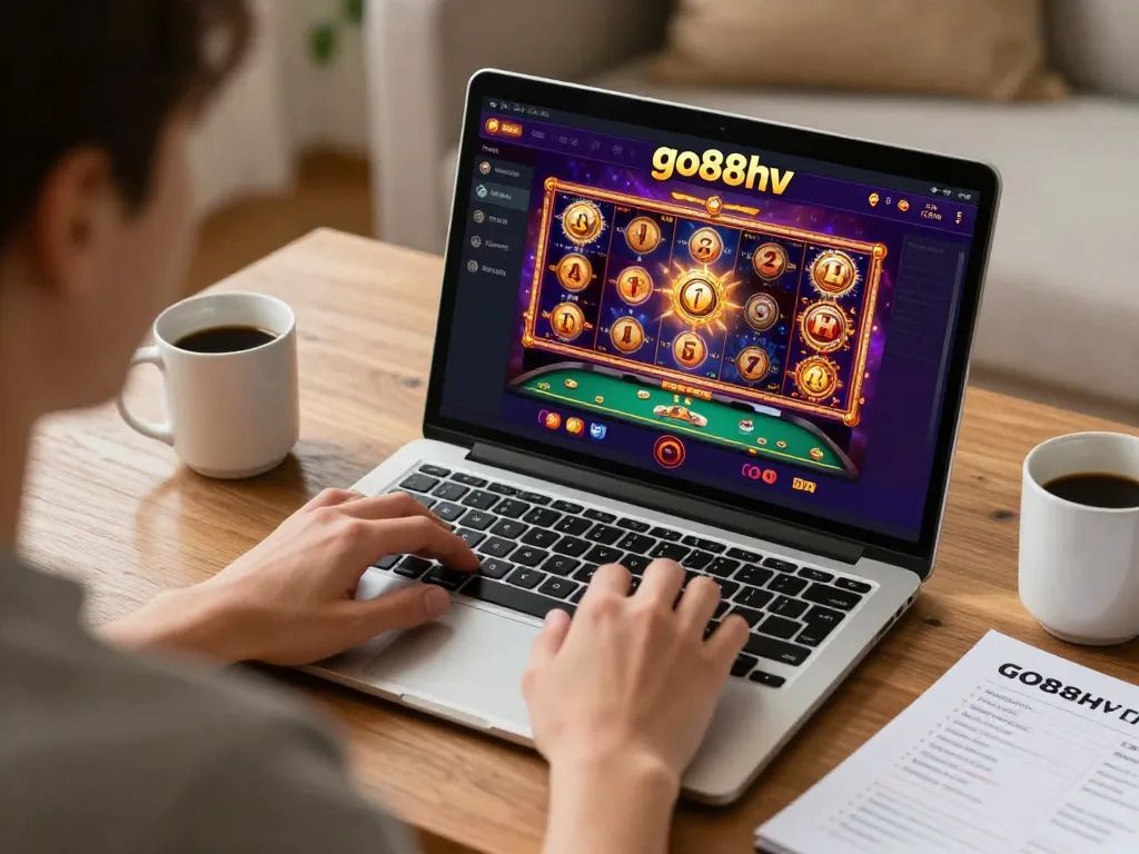 Player engaged with go88hv online casino gaming interface on laptop in a comfortable setting