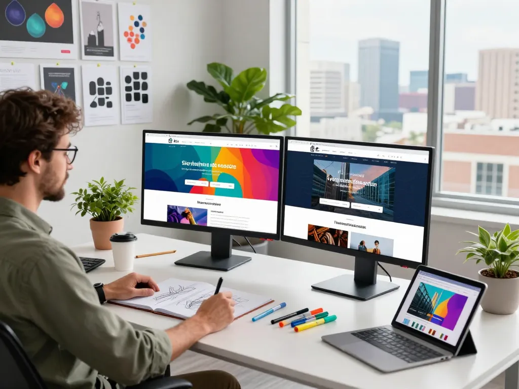 Hire web designer in a vibrant Houston office with dual monitors and design materials visible.