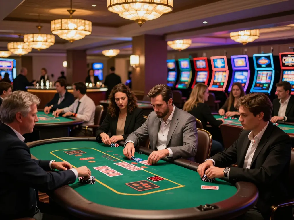 Exciting moment at Nhà cái Luck8 as players engage in blackjack at a vibrant casino, showcasing chips and cards.