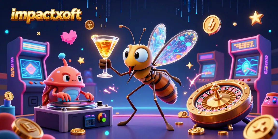 impactxoft presents a vibrant casino scene with a frozen-in-amber mosquito mascot and rich gaming graphics.