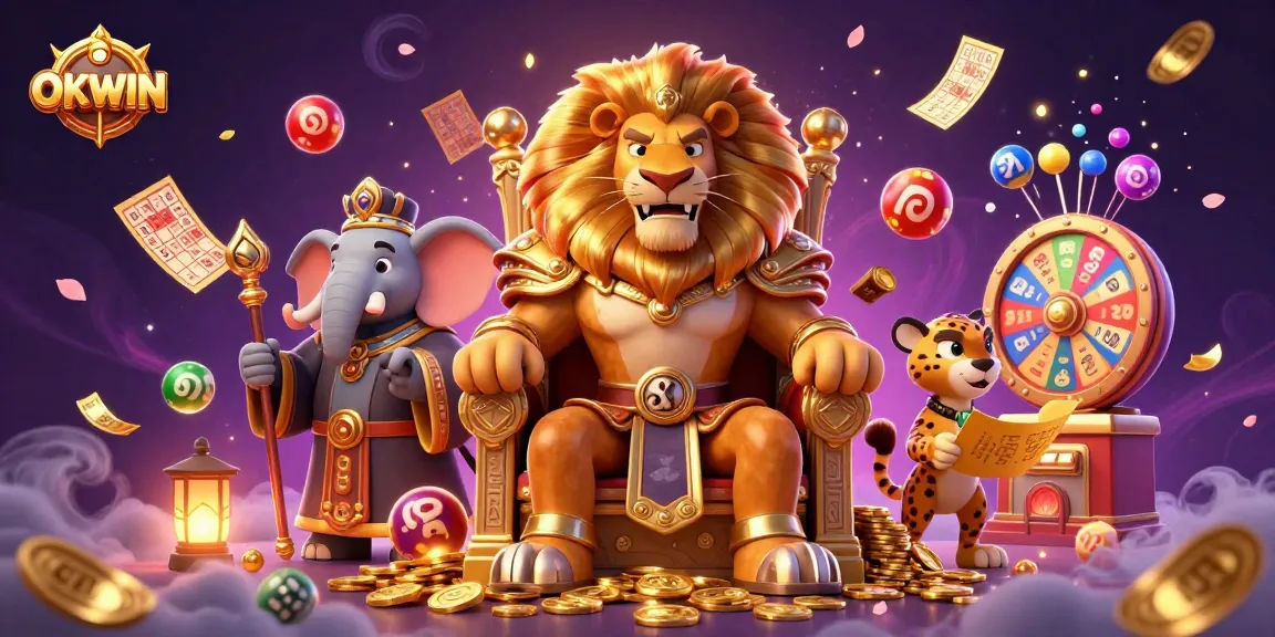 Experience the excitement of OKWIN with a dynamic 3D casino illustration showcasing vibrant games and characters.