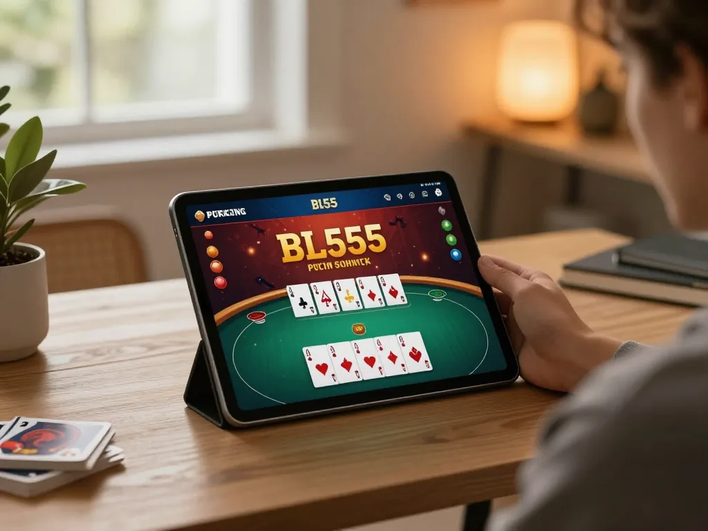 Mobile gaming experience with BL555 app showing poker game, highlighting strategy and comfort.