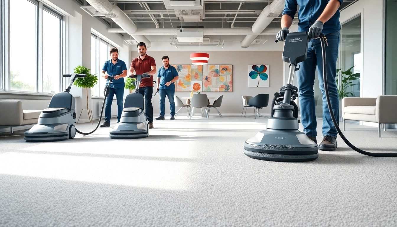 Service team operating commercial carpet cleaners in a bright, modern office environment.