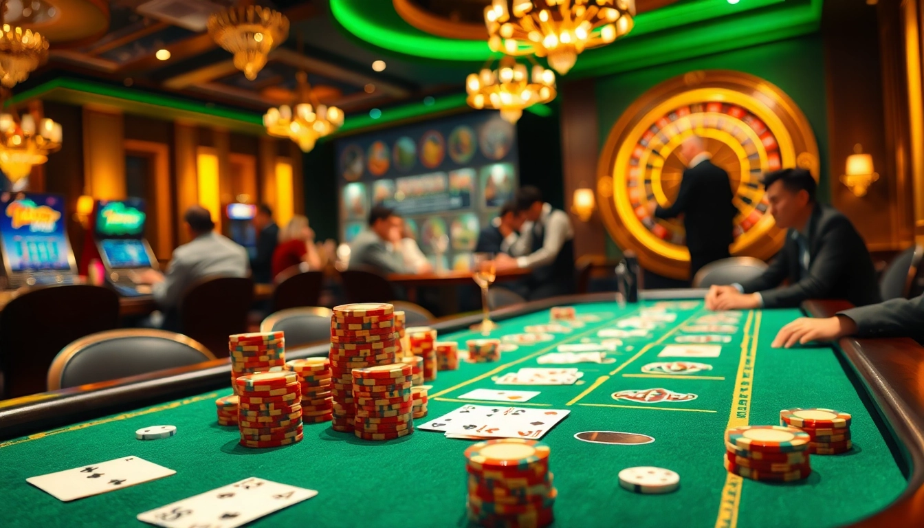 Exciting scene of Nhà Cái 68VIP featuring a luxurious poker table and roulette wheel.