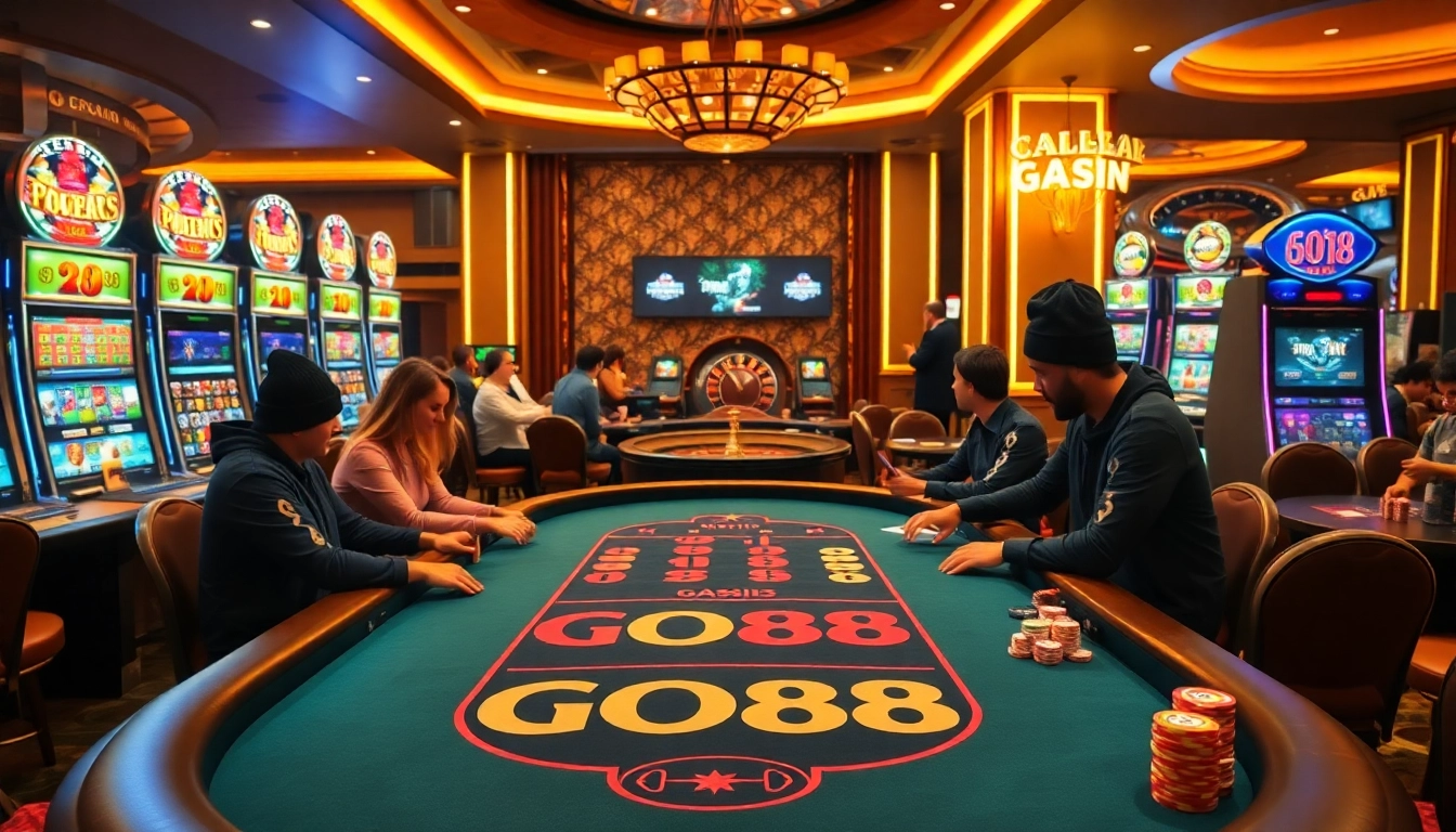 Players enjoy an exciting round of poker at a luxurious GO88-branded casino table.