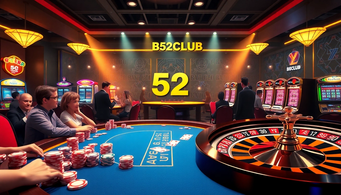 B52CLUB players enjoying an upscale poker game in a vibrant casino atmosphere.