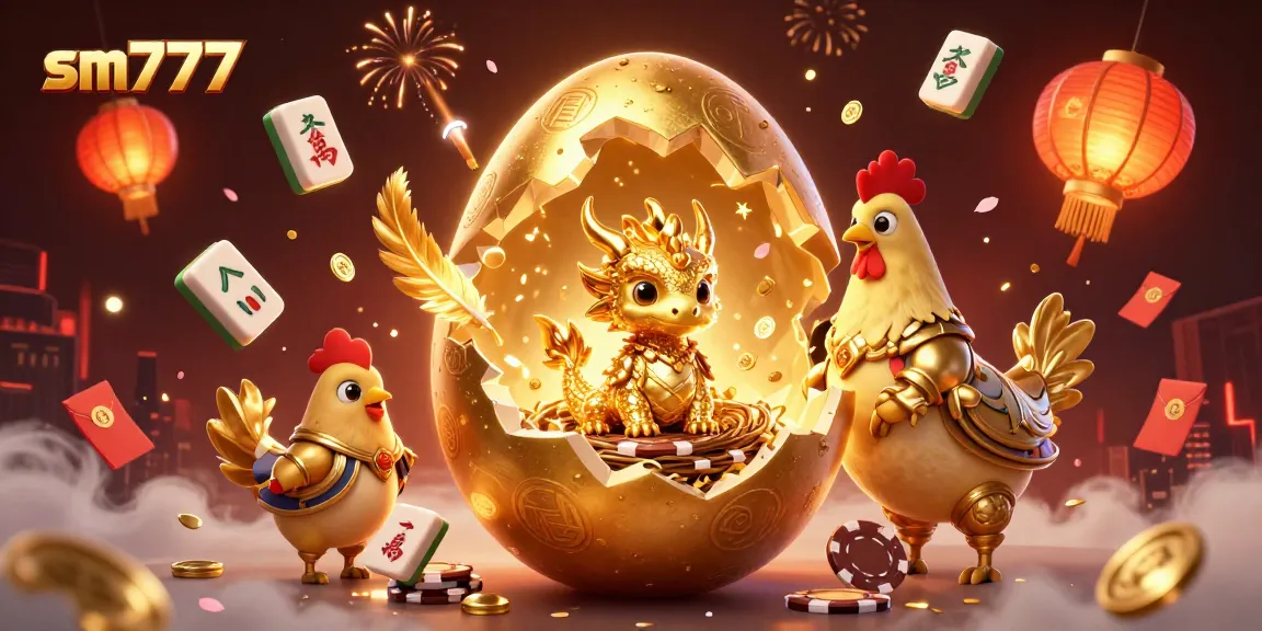 Experience the thrill of sm777's vibrant casino scene featuring a golden dragon among colorful gaming elements.