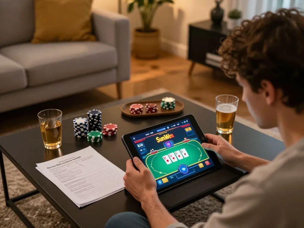 Experience the thrill of Sun Win poker gameplay on a tablet in a cozy home setting, blending strategy with relaxation.