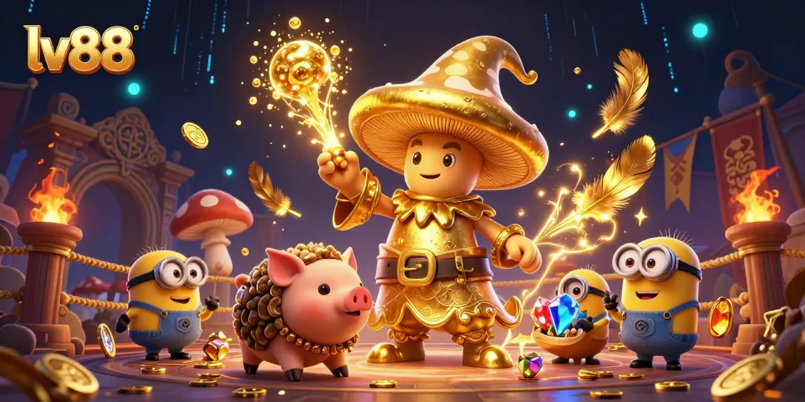 Experience the magic of lv88 as the golden mushroom wizard transforms treasures in a vibrant casino scene.
