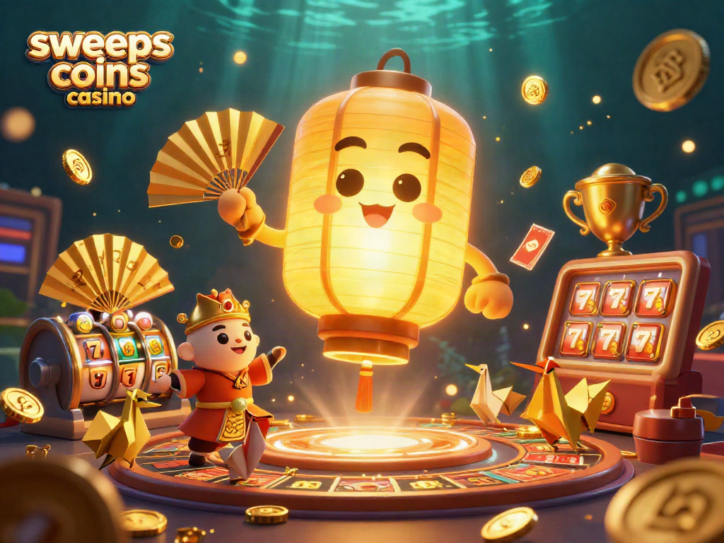 Sweeps coins casino offers a dynamic scene with a glowing lantern spirit, warriors, and vibrant gaming elements.