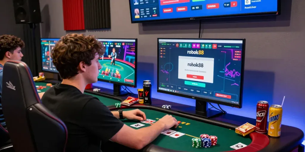 Player engaging with rokok88 login on a vibrant gaming setup, showcasing digital casino atmosphere.