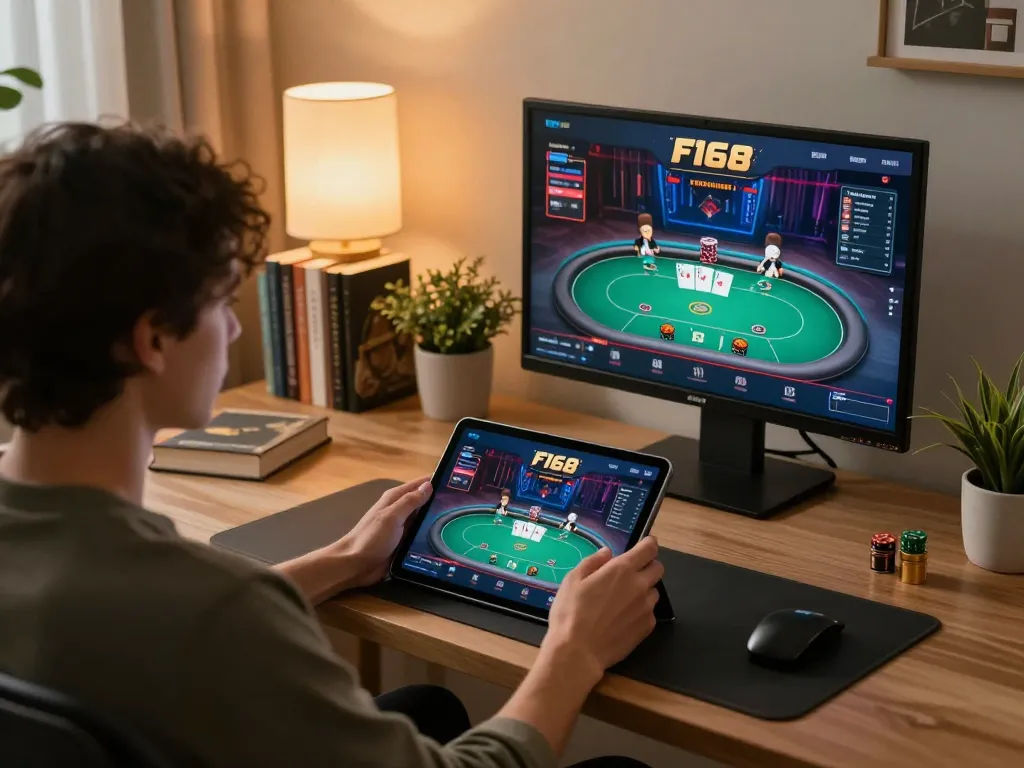 Engaging in strategic gameplay on the F168 casino app in a cozy home office setting.
