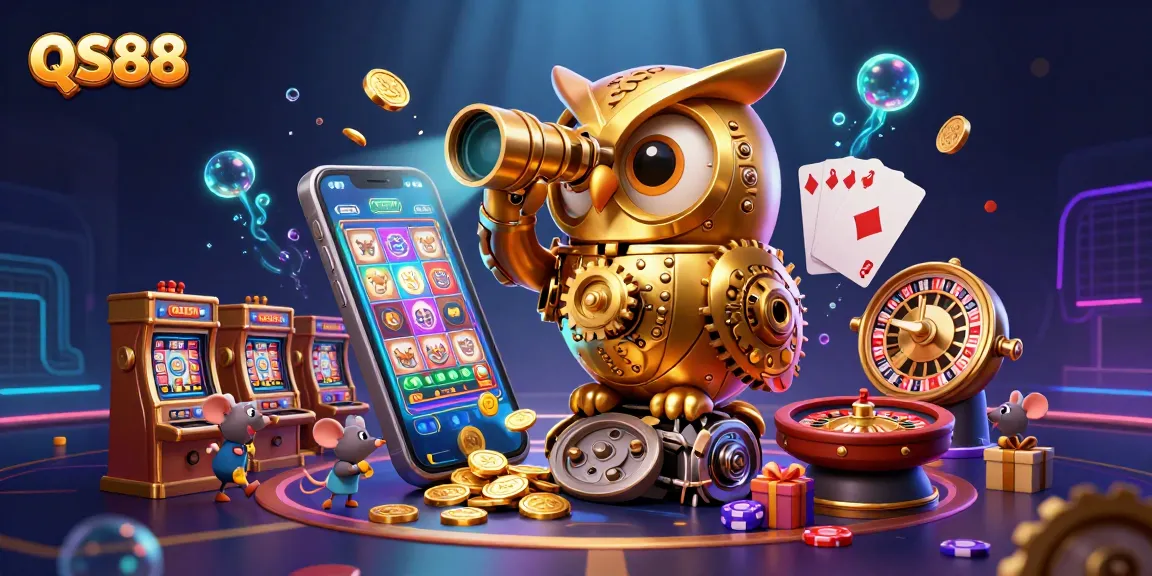 Watch the QS88 golden owl oversee a bustling casino floor with vibrant games and excitement.