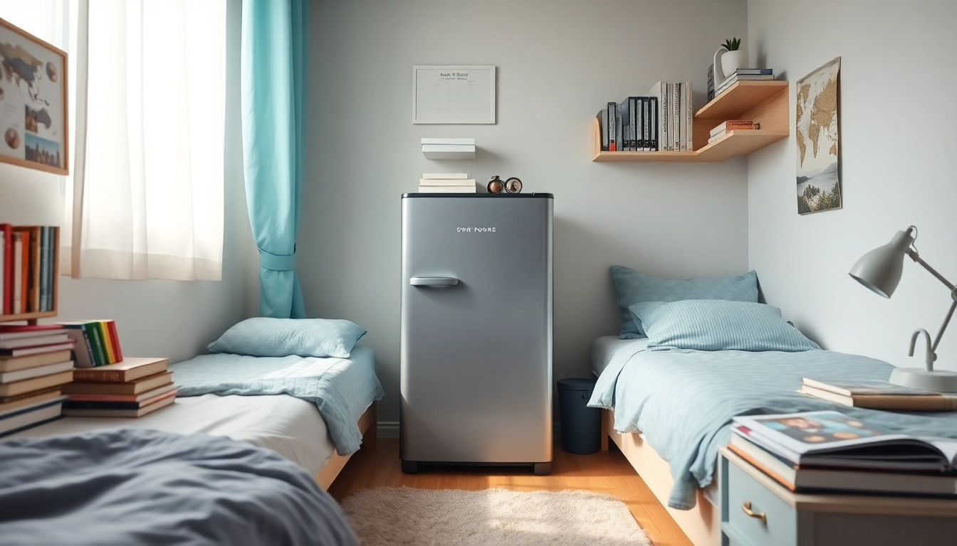 A dorm room fridge positioned amongst books and personal items, creating a cozy study environment.