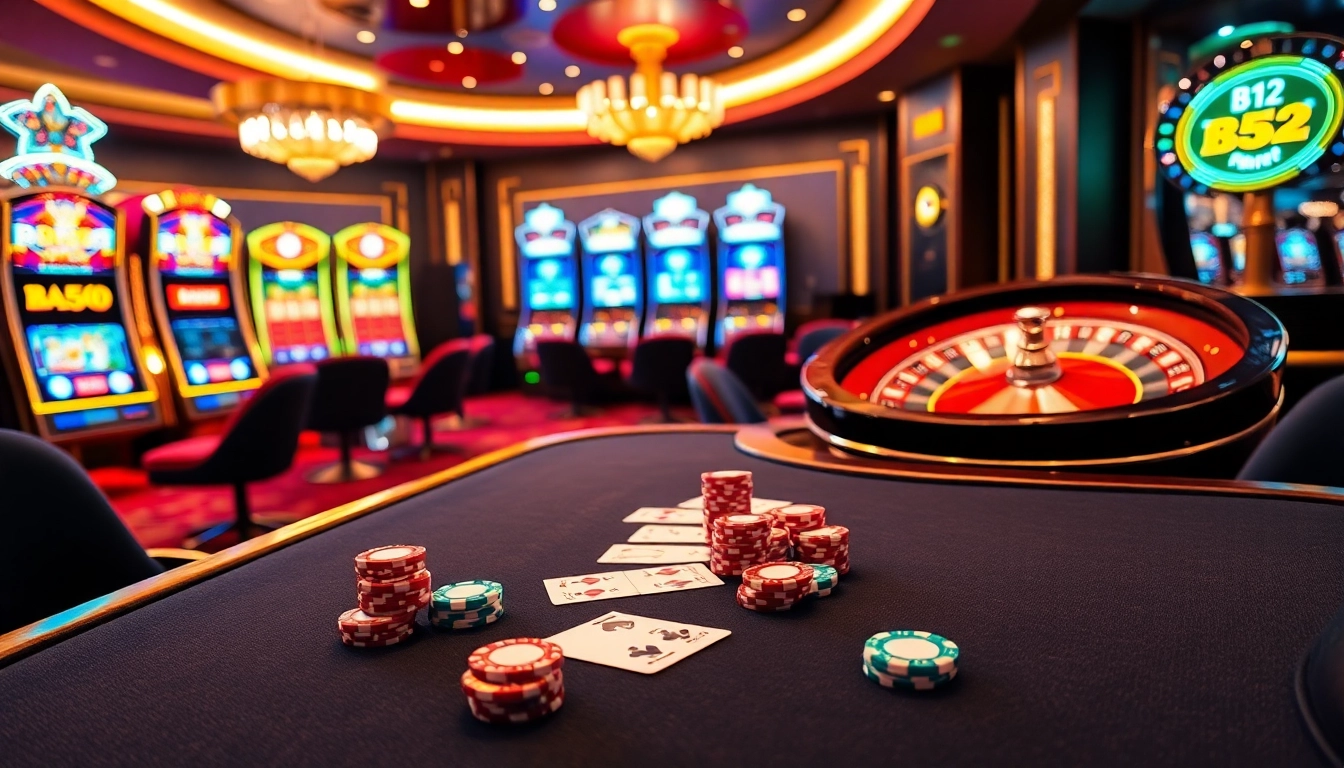 A thrilling game night at B52 casino with a stylish poker table and vibrant slot machines.