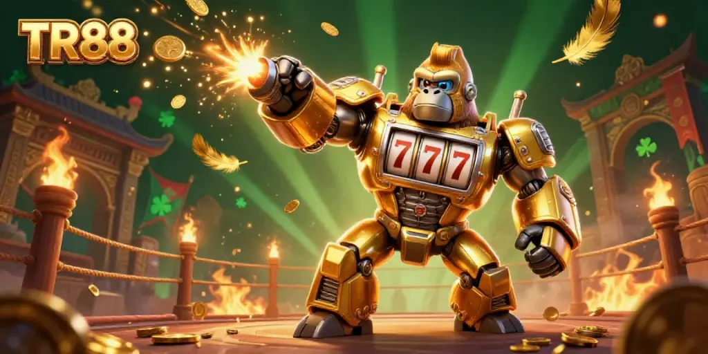 Experience excitement with TR88 as a golden gorilla mech triumphs in a vibrant casino-themed battle.