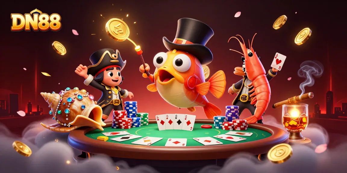 Experience thrilling poker action with DN88 as deep-sea characters attract golden coins amid vibrant casino elements.