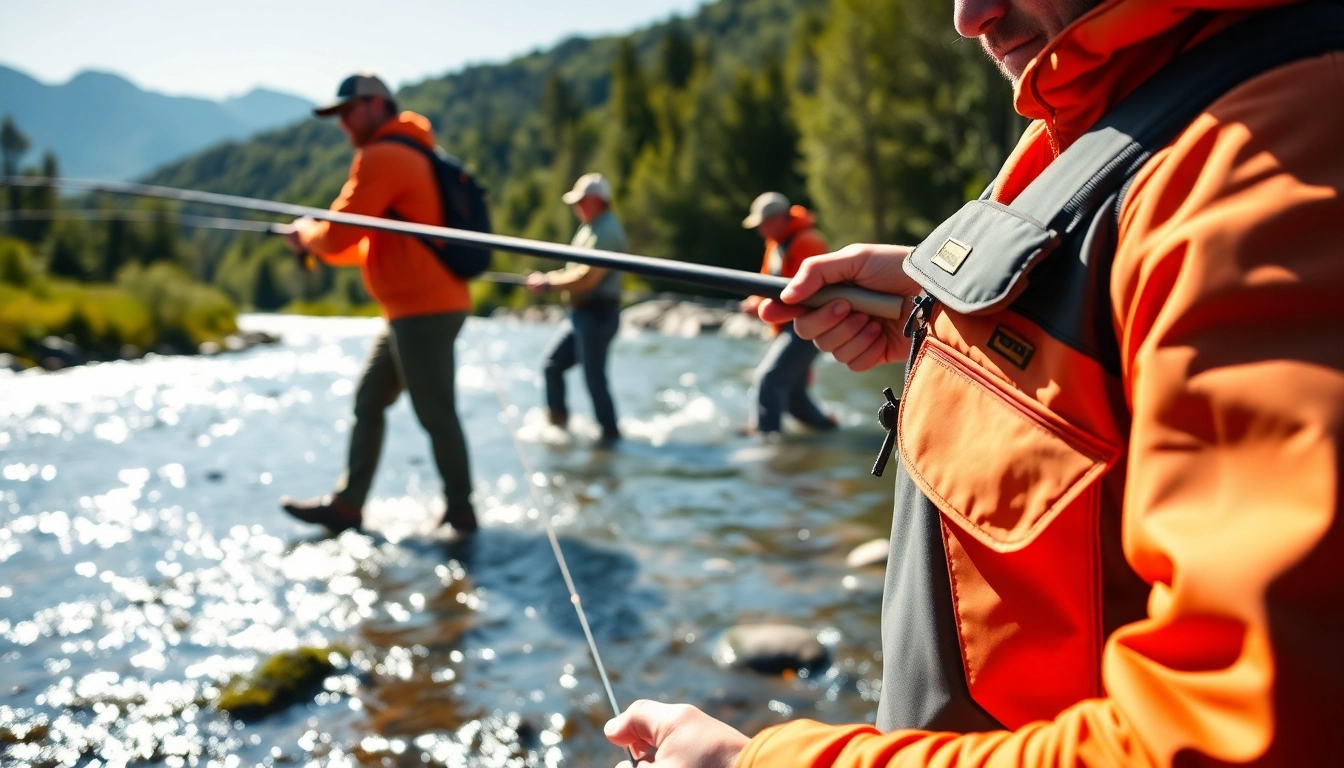 Showcase fly fishing apparel with vibrant gear and dynamic anglers on a scenic riverbank.