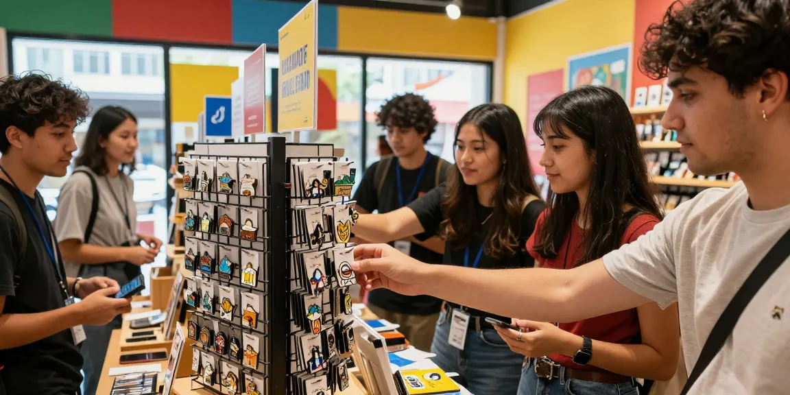Custom enamel pins displayed by enthusiastic shoppers in a vibrant store environment.