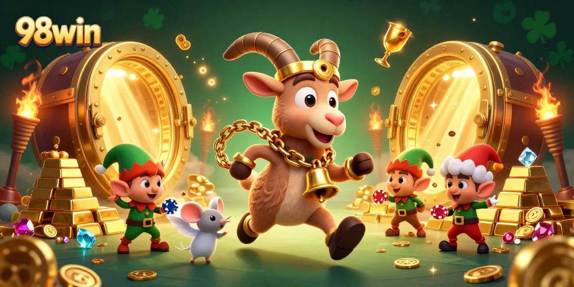 Engage with 98win's festive casino featuring a Krampus goat, angel mouse, and elf gremlins in a vibrant, chaotic scene.