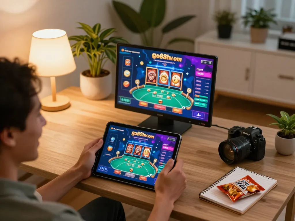 A person playing poker on go88hv.com, enjoying a cozy gaming session in a well-lit home setting.