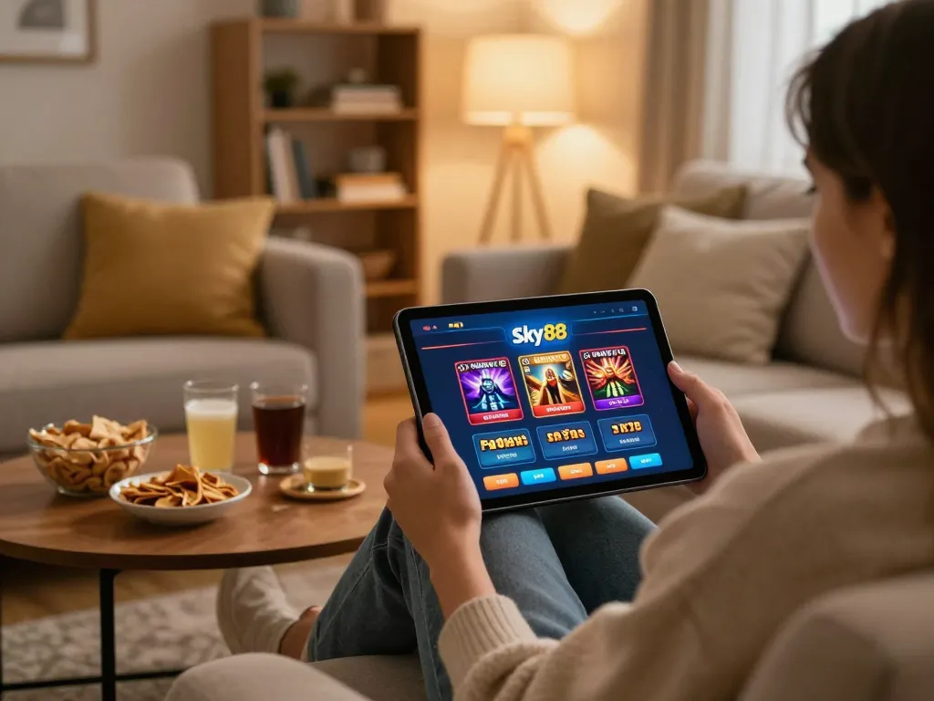 Enjoying the Sky88 casino app on a cozy couch while snacking and gaming