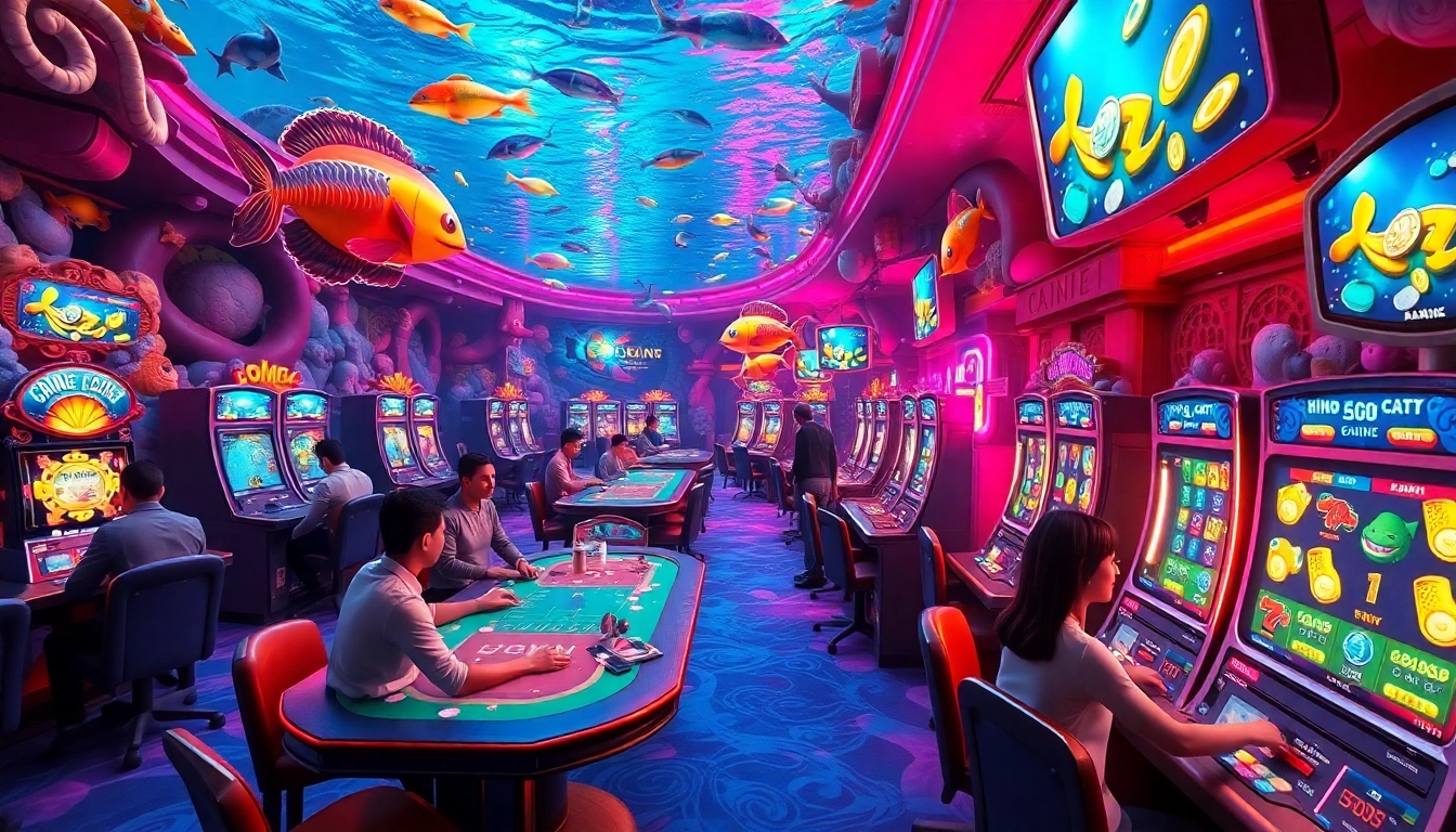 Exciting bắn cá đổi thưởng action, featuring players winning at vibrant underwater-themed casino tables.