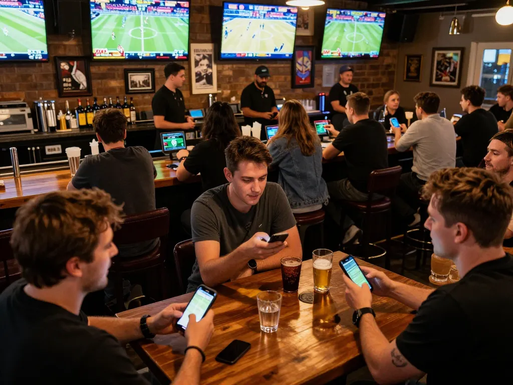 Excited patrons engaging in live betting at f168biz.com sports bar with multiple screens showing games.