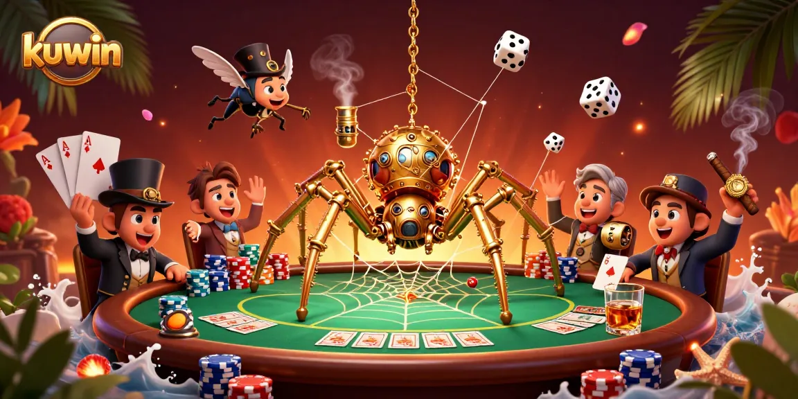 Kuwin players enjoying an engaging online casino experience with steampunk spider, chips, and poker table elements.